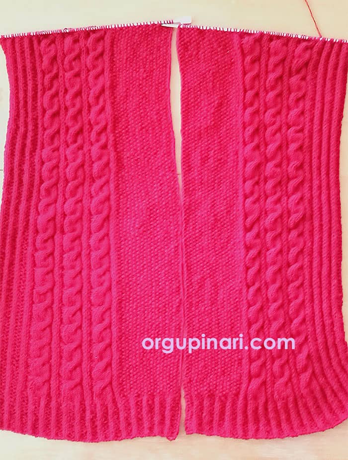 Kırmızı şal hırka ön parçalar