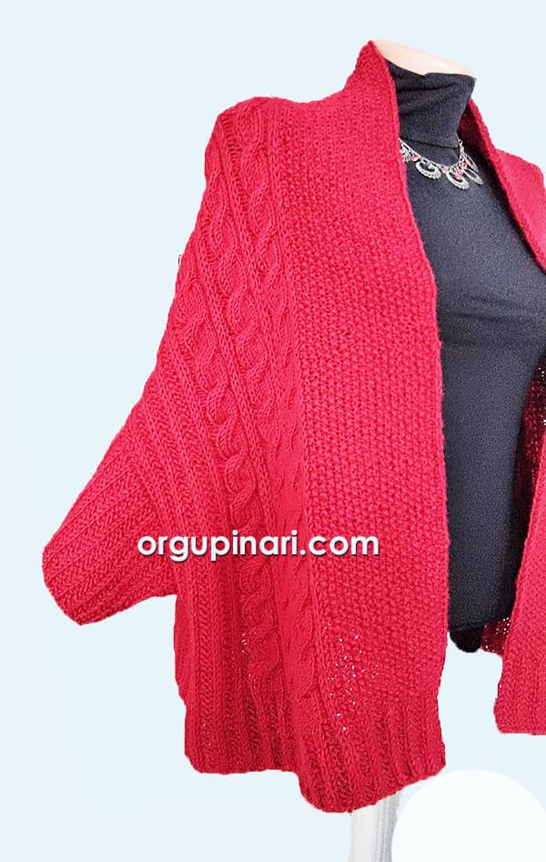 Kırmızı şal hırka önden görünüş
